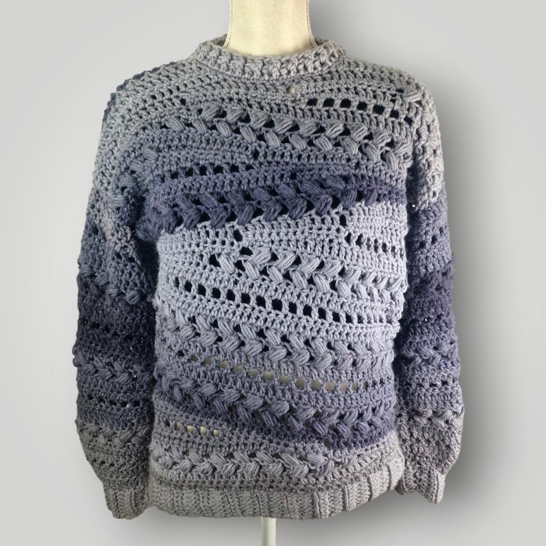 Handmade Asymmetrical Crochet Sweater | Sensum Sweater | Chunky Texture Knit Look | Gray Gradient | S/M - Lina And Stitches