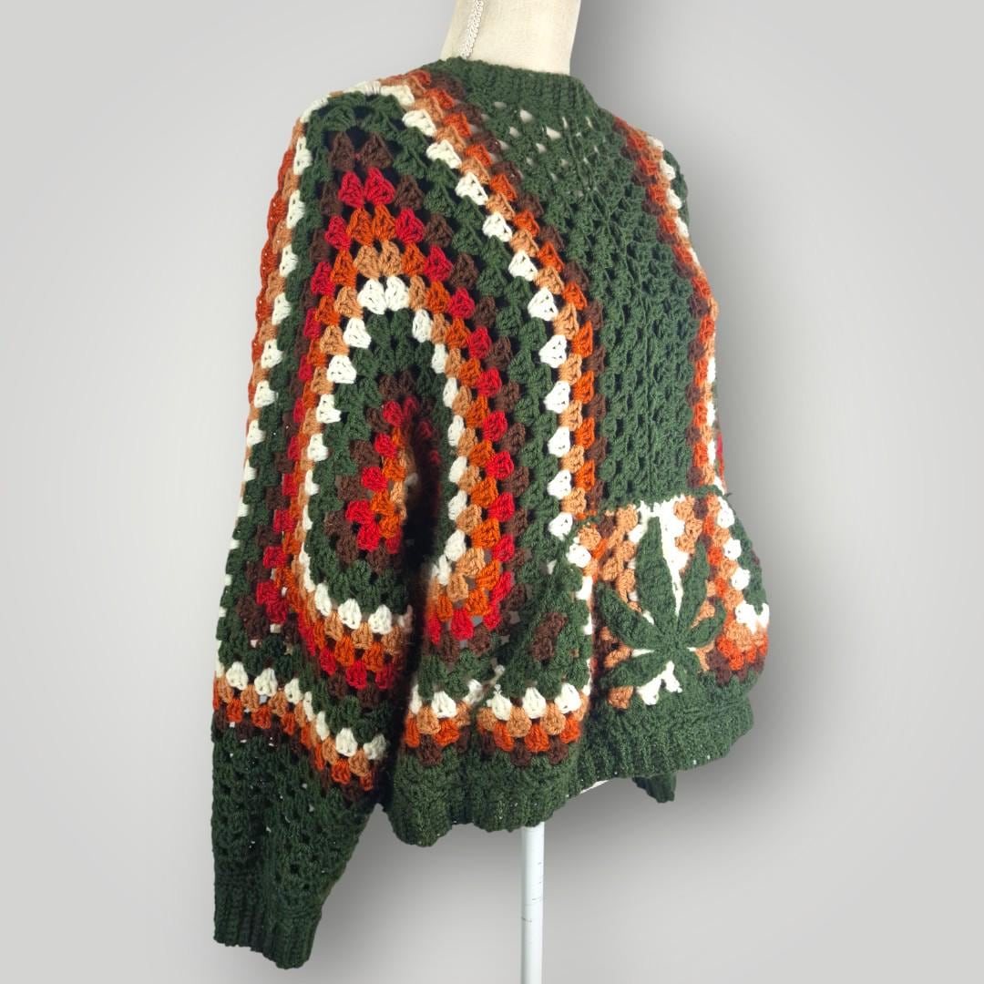 il_fullxfull.7807047717_igk1.jpg Wildwood Hexagon Sweater with Leaf | Handmade Crochet Sweater | Oversized M | Cozy Forest-Inspired - Lina And Stitches